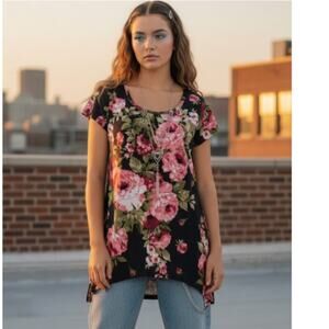 VTG Y2k Discreet medium women pink black floral top coquette whimsygoth victoria